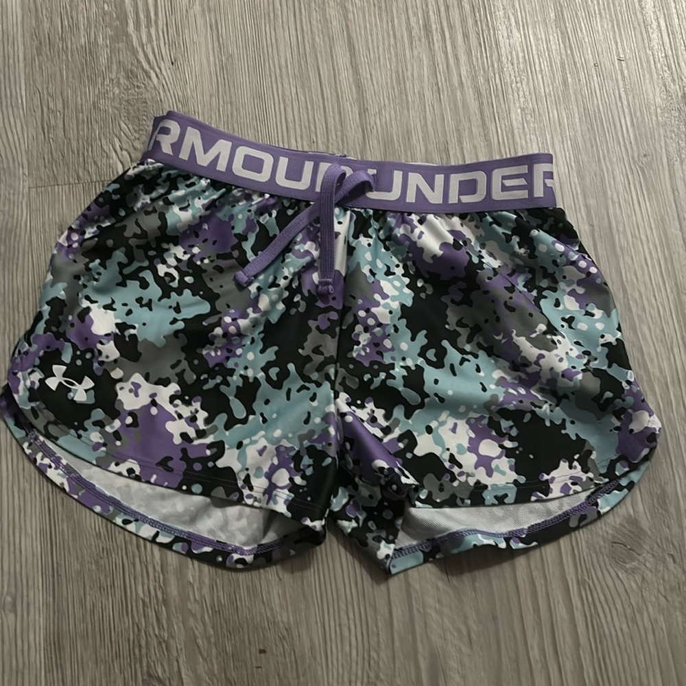 Like new, youth size Med Under Armor shorts. Purple, black and aqua.